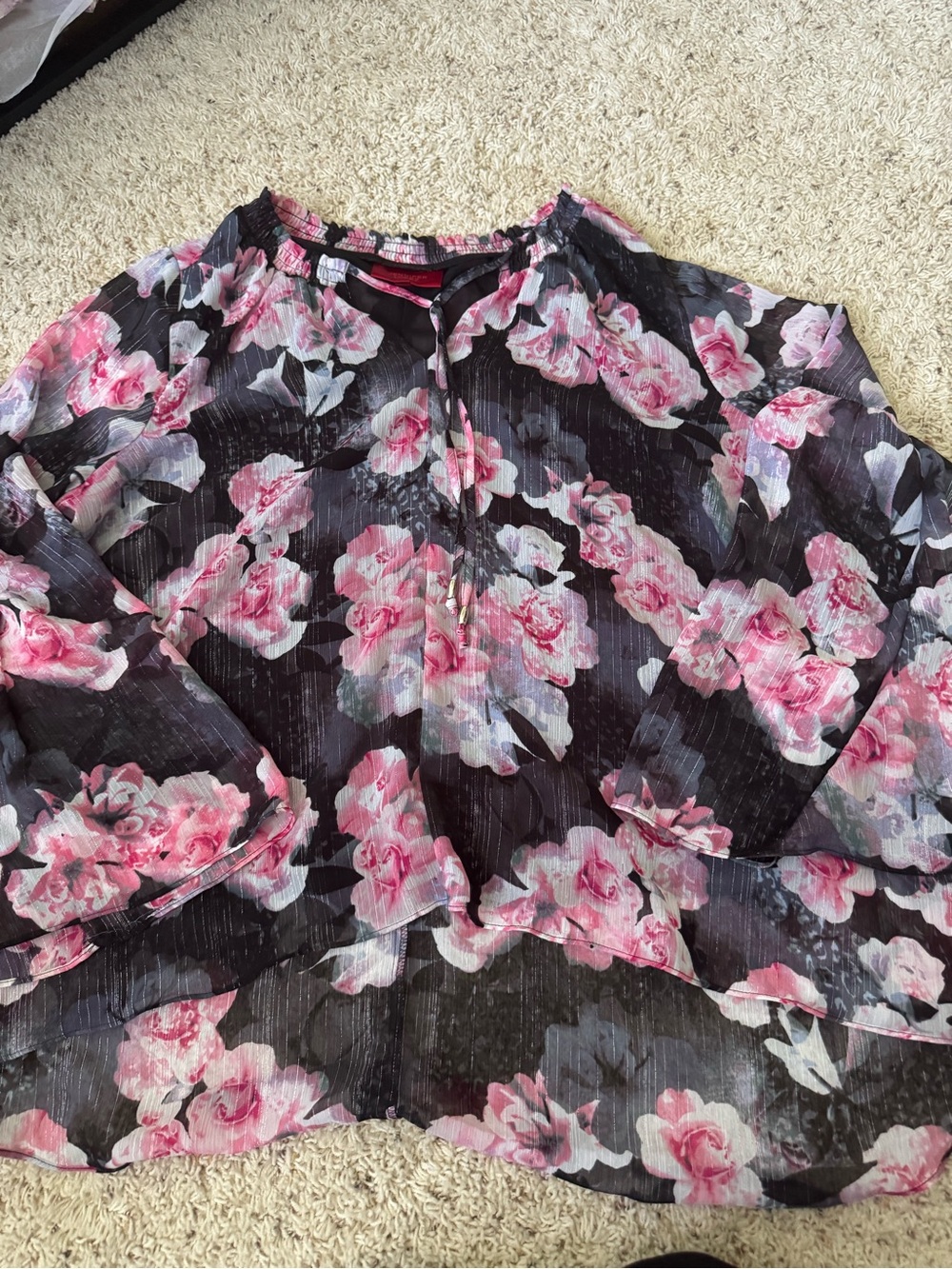Jennifer Lopez Black Sheer Blouse with Pink Floral Print